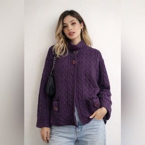 Aran Crafts Deep‎ Purple Merino Wool Cableknit Cardigan Sweater Sz. L